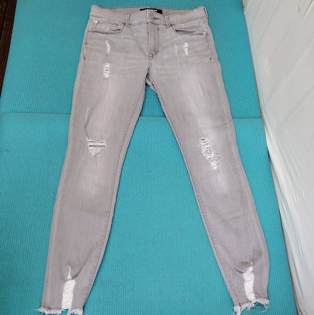Express Ankle Jean Legging Mid Rise Raw Hem Ripped Gray Size 8